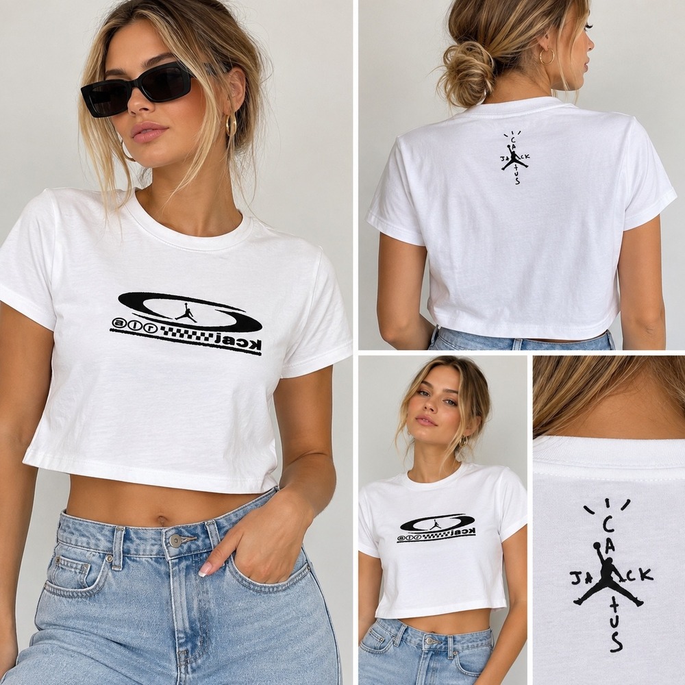 Jordan Travis Scott Cactus Jack White Cropped T-Shirt Size Large CW3128-100